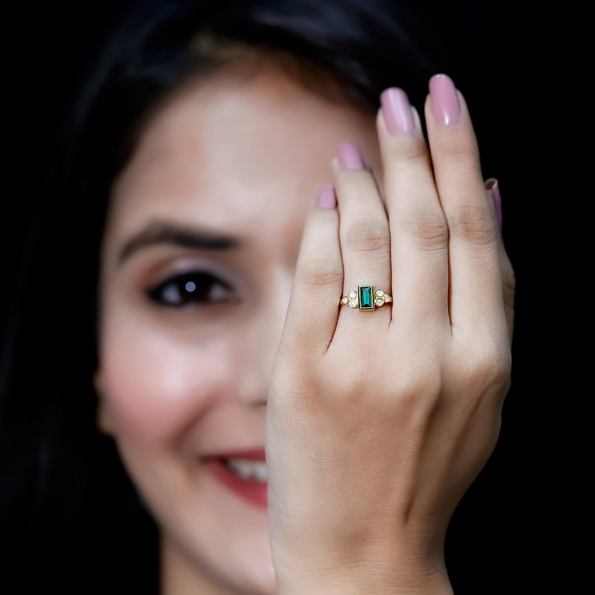 Lab Grown Emerald Ring - Bezel Set Pre Engagement Ring With Round Diamonds