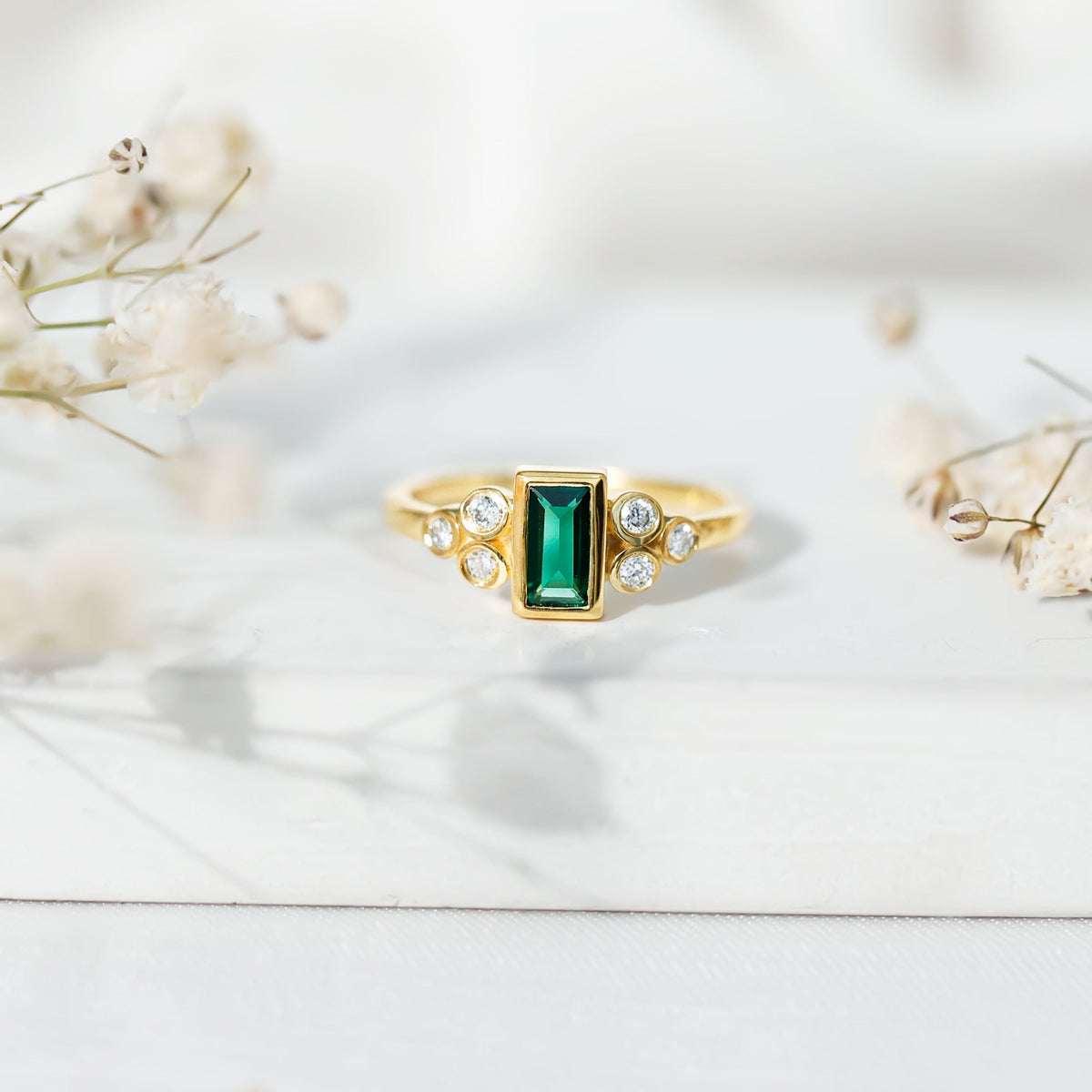 Lab Grown Emerald Ring - Bezel Set Pre Engagement Ring With Round Diamonds