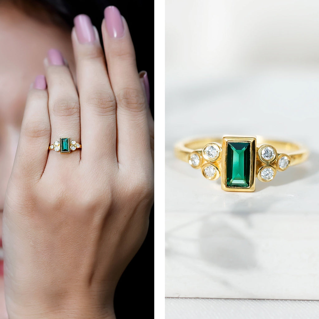 Lab Grown Emerald Ring - Bezel Set Pre Engagement Ring With Round Diamonds