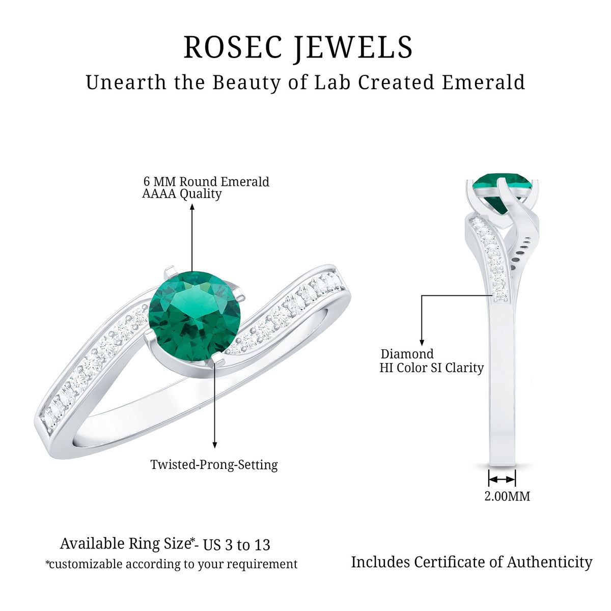 Lab Grown Emerald Ring - Certified 0.8 Ct Round AAAA Bypass Engagement Band