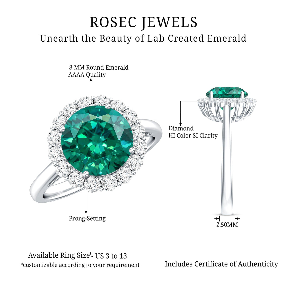 Lab Grown Emerald Ring – Classic 2 Carat Emerald Engagement Ring with Diamond Halo
