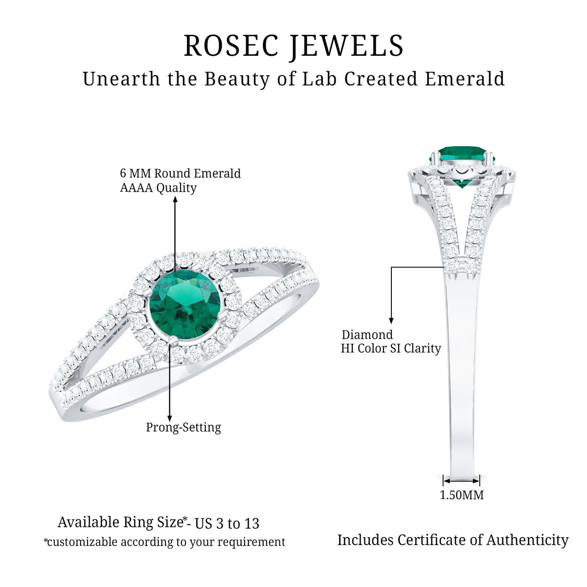 Lab Grown Emerald Ring – Classic Emerald Engagement Ring with Diamond Halo