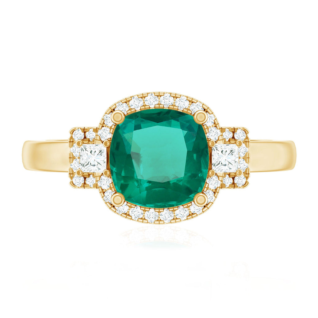 Lab Grown Emerald Ring – Cushion Cut 2 Carat Emerald Diamond Statement Engagement