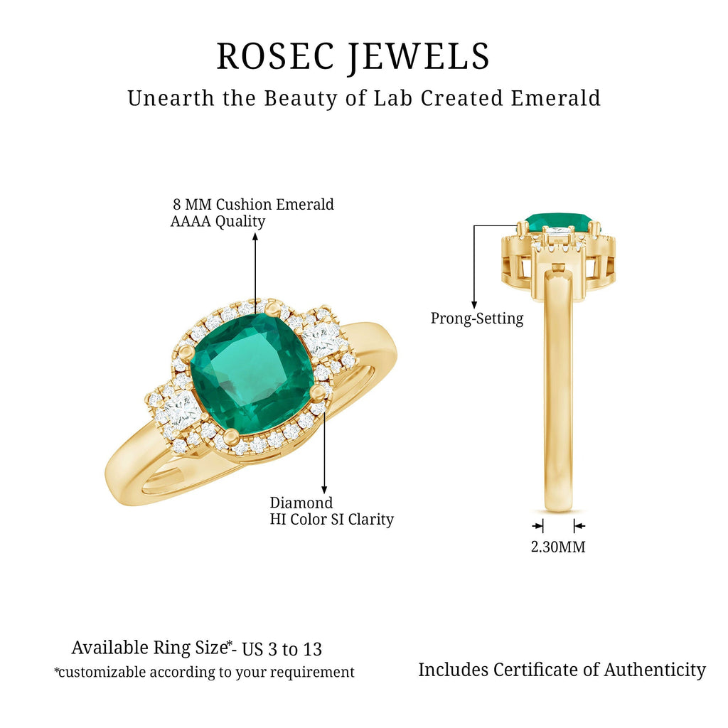 Lab Grown Emerald Ring – Cushion Cut 2 Carat Emerald Diamond Statement Engagement