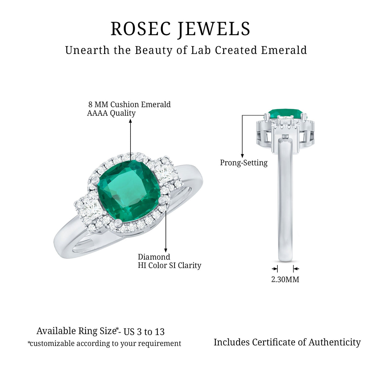 Lab Grown Emerald Ring – Cushion Cut 2 Carat Emerald Diamond Statement Engagement