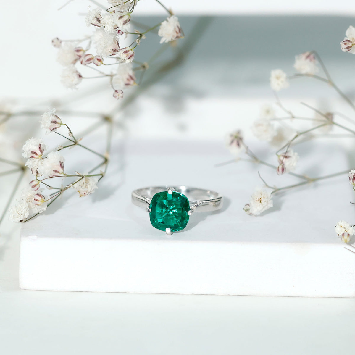 Lab Grown Emerald Ring – Cushion Cut 2 Carat Solitaire Engagement Ring Floral Setting