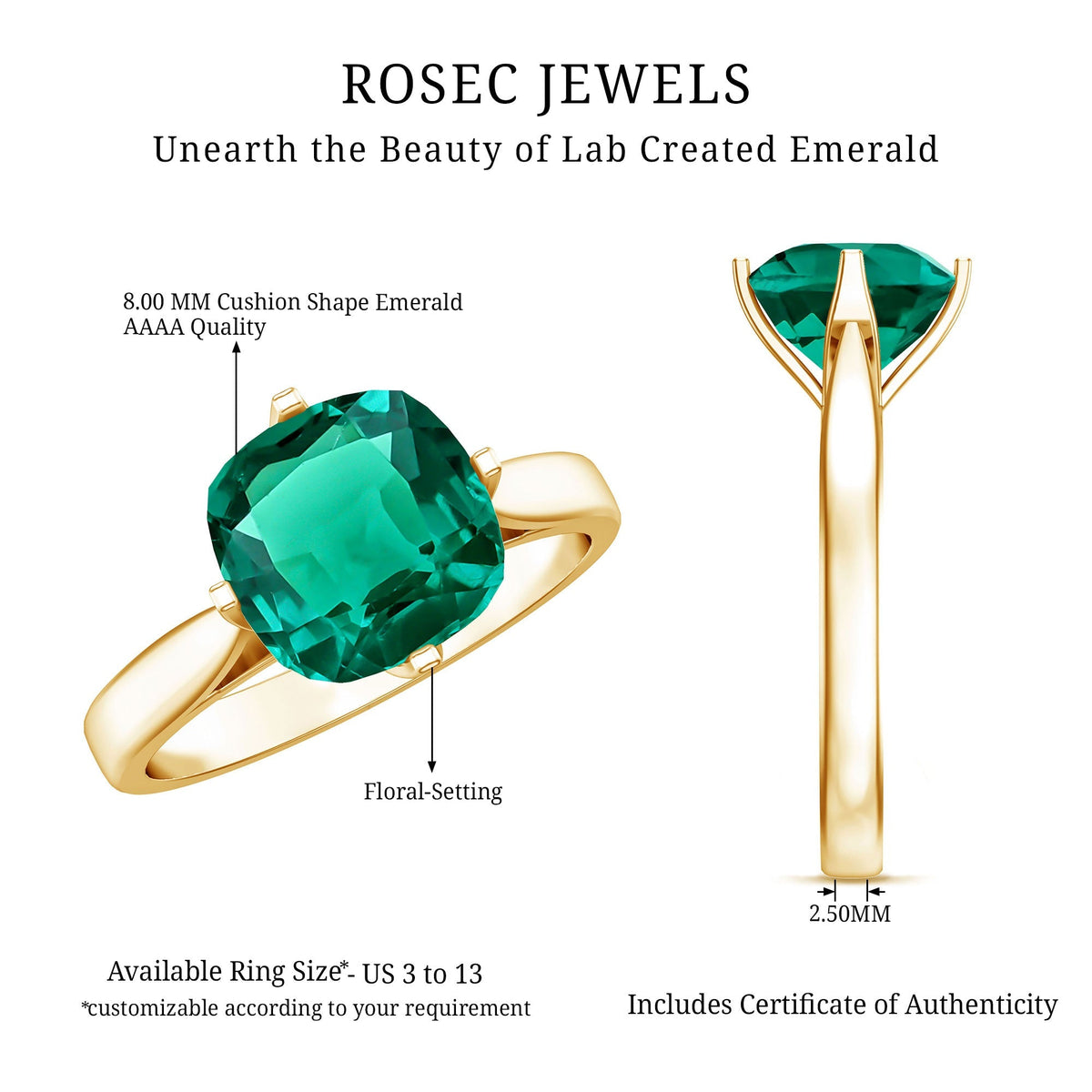 Lab Grown Emerald Ring – Cushion Cut 2 Carat Solitaire Engagement Ring Floral Setting