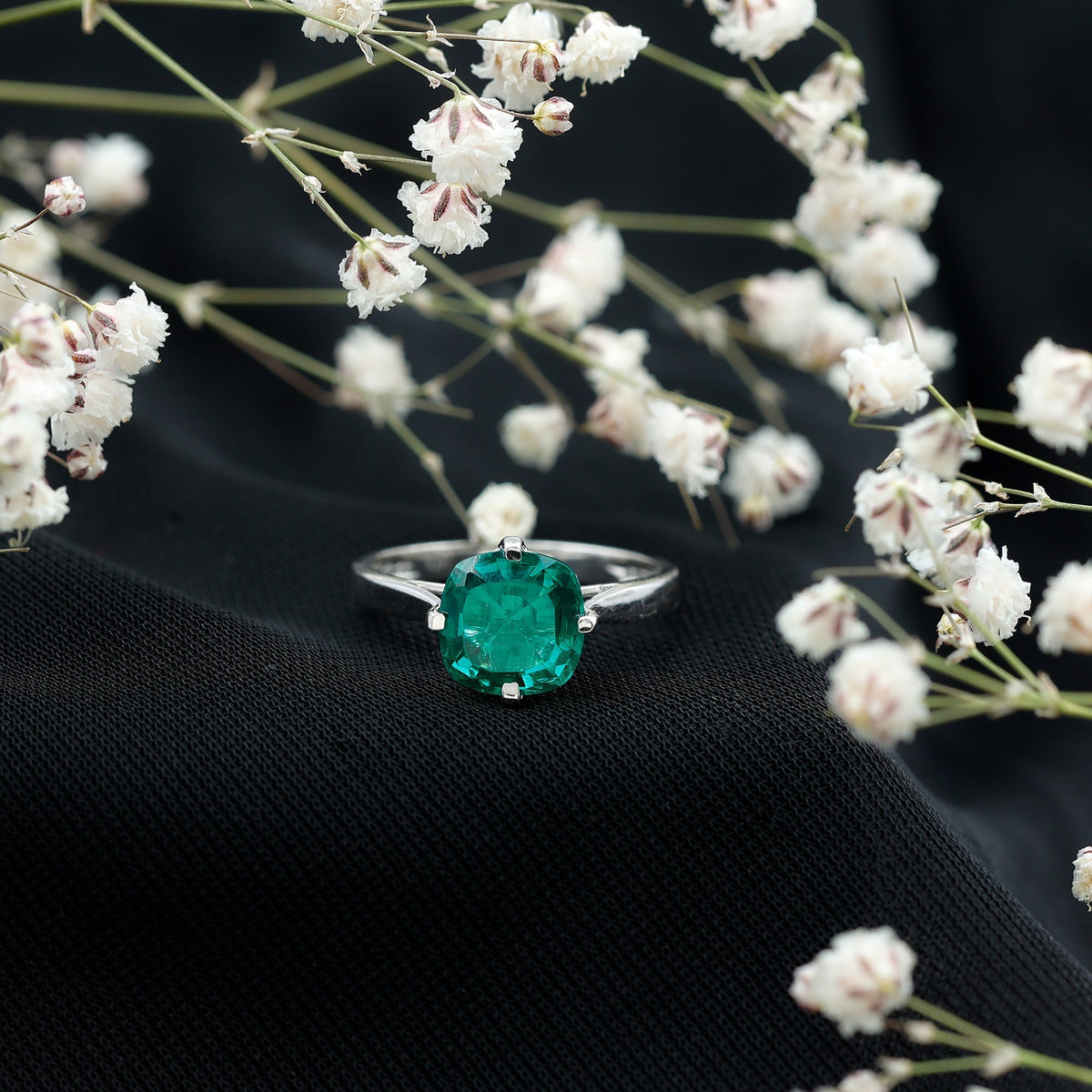 Lab Grown Emerald Ring – Cushion Cut 2 Carat Solitaire Engagement Ring Floral Setting