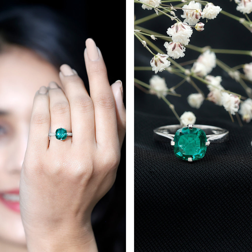 Lab Grown Emerald Ring – Cushion Cut 2 Carat Solitaire Engagement Ring Floral Setting