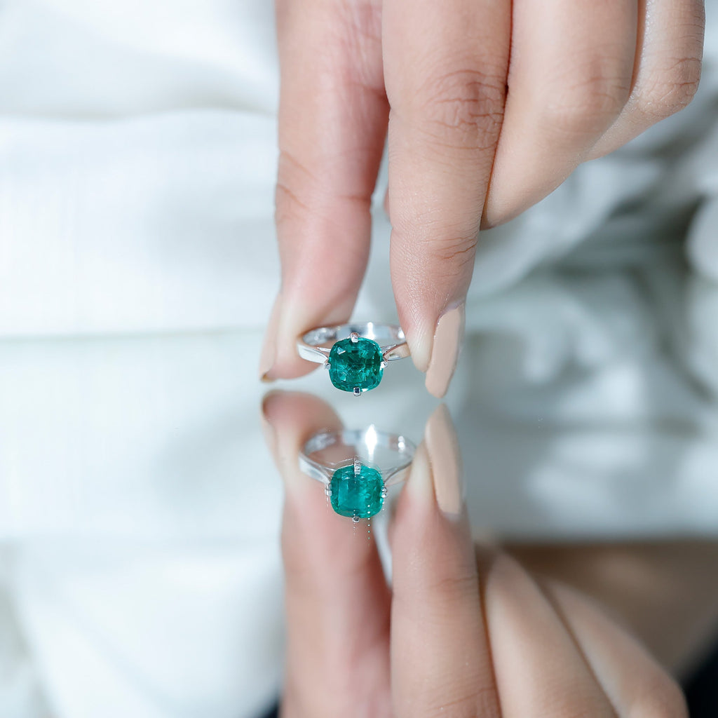 Lab Grown Emerald Ring – Cushion Cut 2 Carat Solitaire Engagement Ring Floral Setting