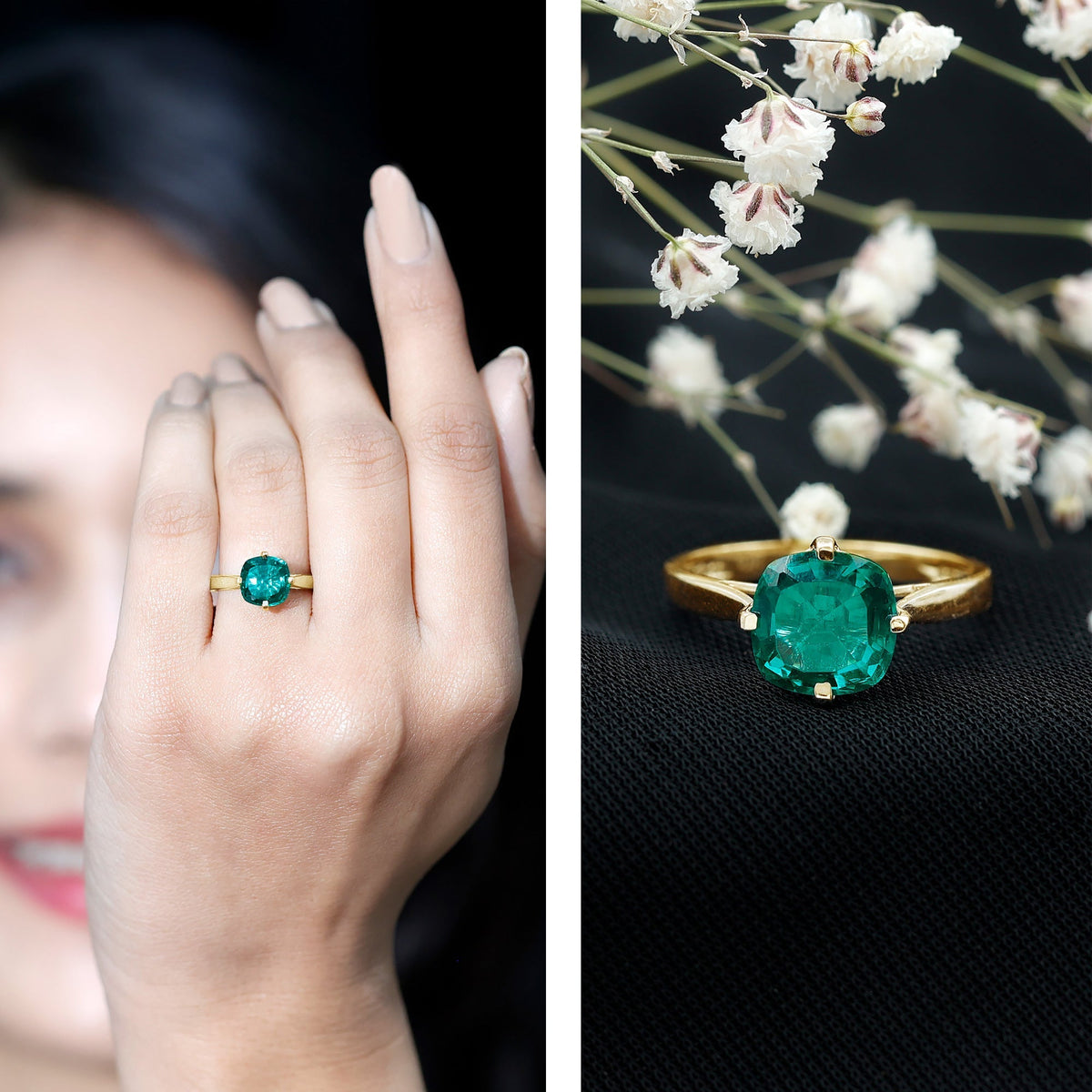 Lab Grown Emerald Ring – Cushion Cut 2 Carat Solitaire Engagement Ring Floral Setting