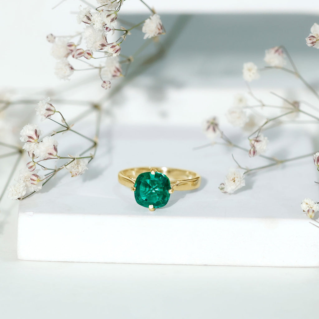 Lab Grown Emerald Ring – Cushion Cut 2 Carat Solitaire Engagement Ring Floral Setting