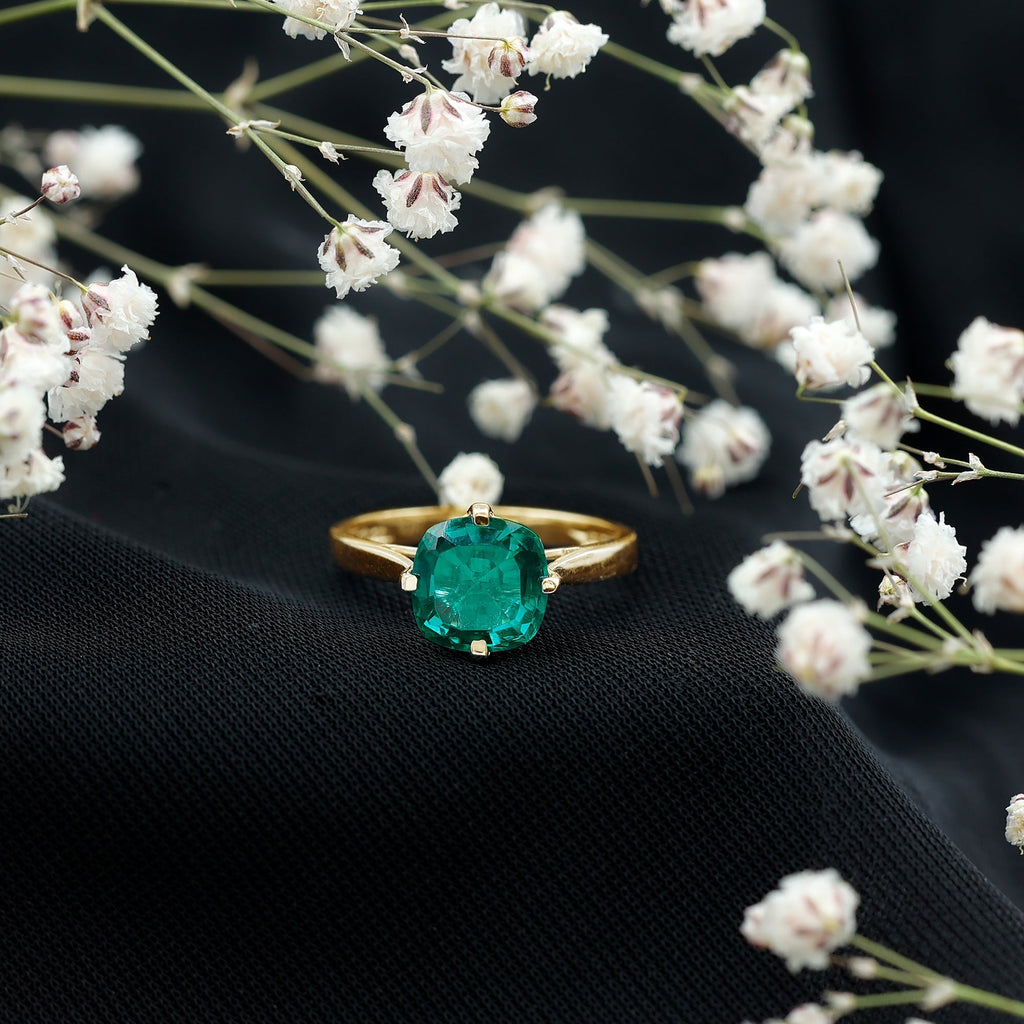 Lab Grown Emerald Ring – Cushion Cut 2 Carat Solitaire Engagement Ring Floral Setting