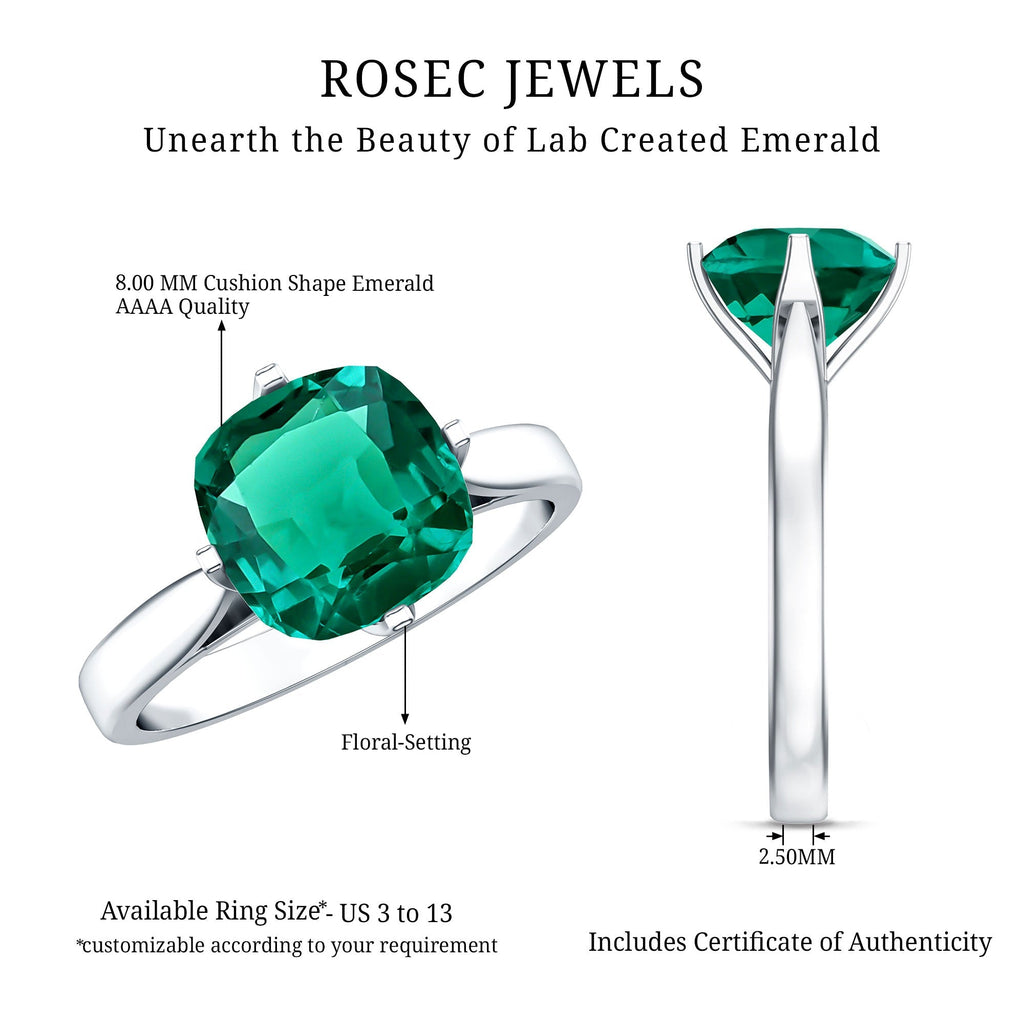 Lab Grown Emerald Ring – Cushion Cut 2 Carat Solitaire Engagement Ring Floral Setting