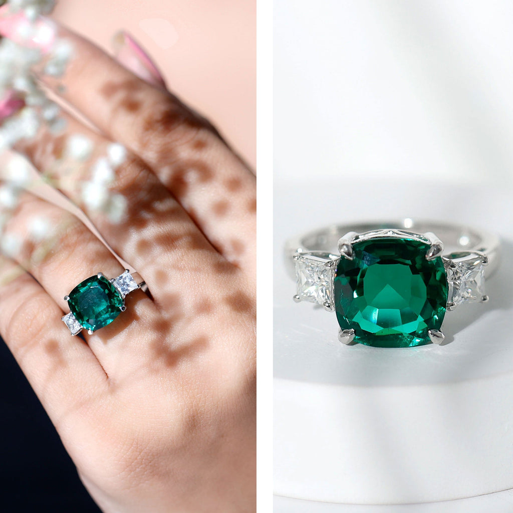 Lab Grown Emerald Ring – Cushion Cut Emerald Engagement Band with Moissanite Accent Stones