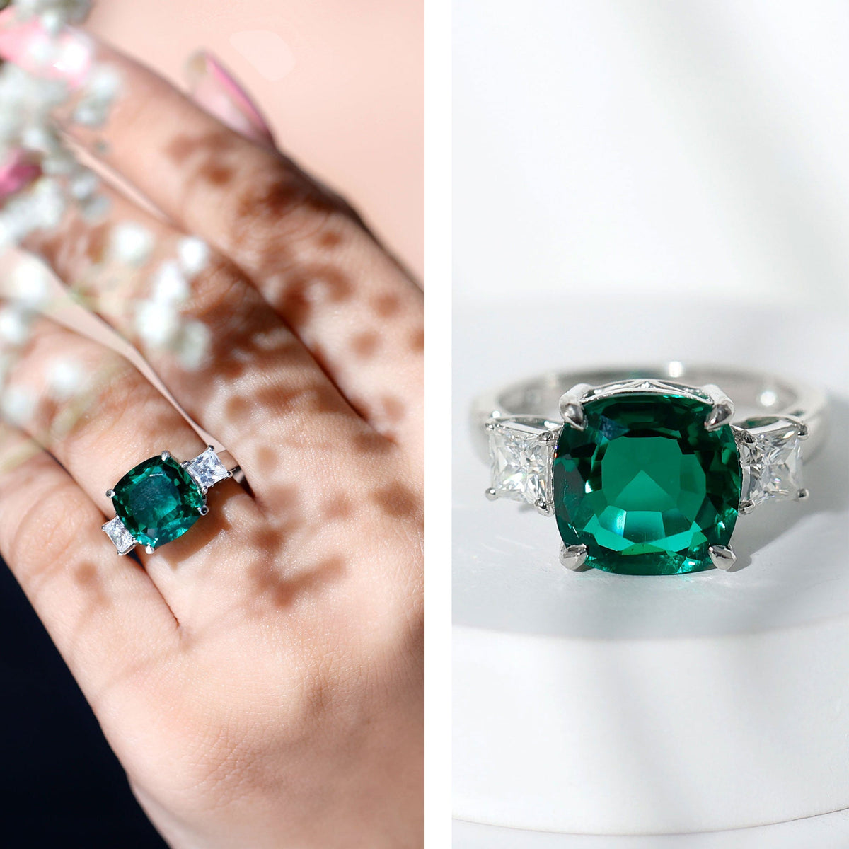 Lab Grown Emerald Ring – Cushion Cut Emerald Engagement Band with Moissanite Accent Stones
