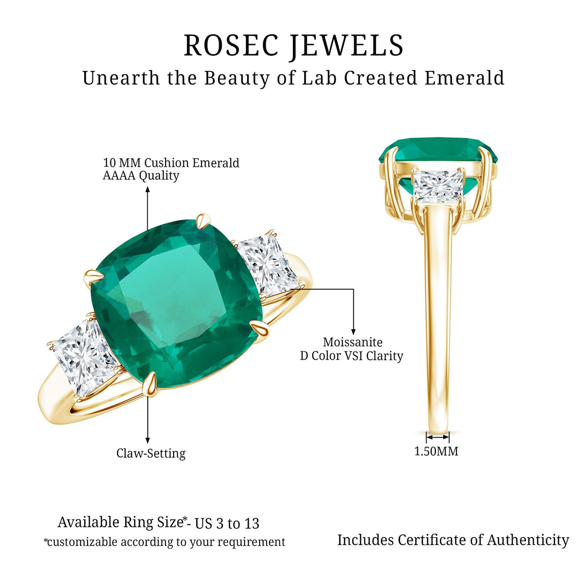 Lab Grown Emerald Ring – Cushion Cut Emerald Engagement Band with Moissanite Accent Stones