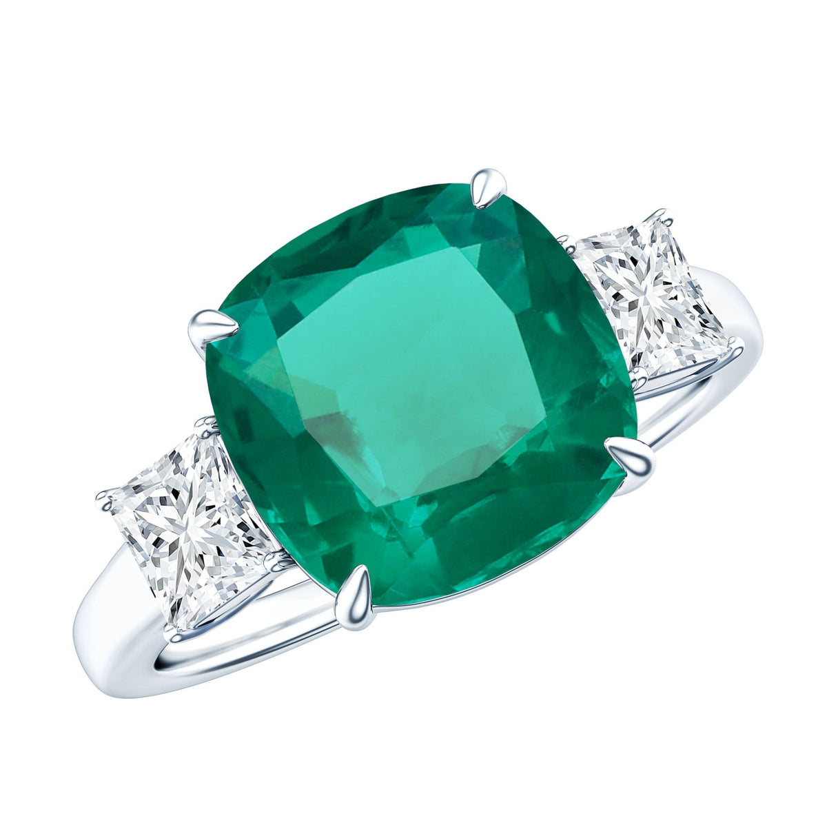 Lab Grown Emerald Ring – Cushion Cut Emerald Engagement Band with Moissanite Accent Stones