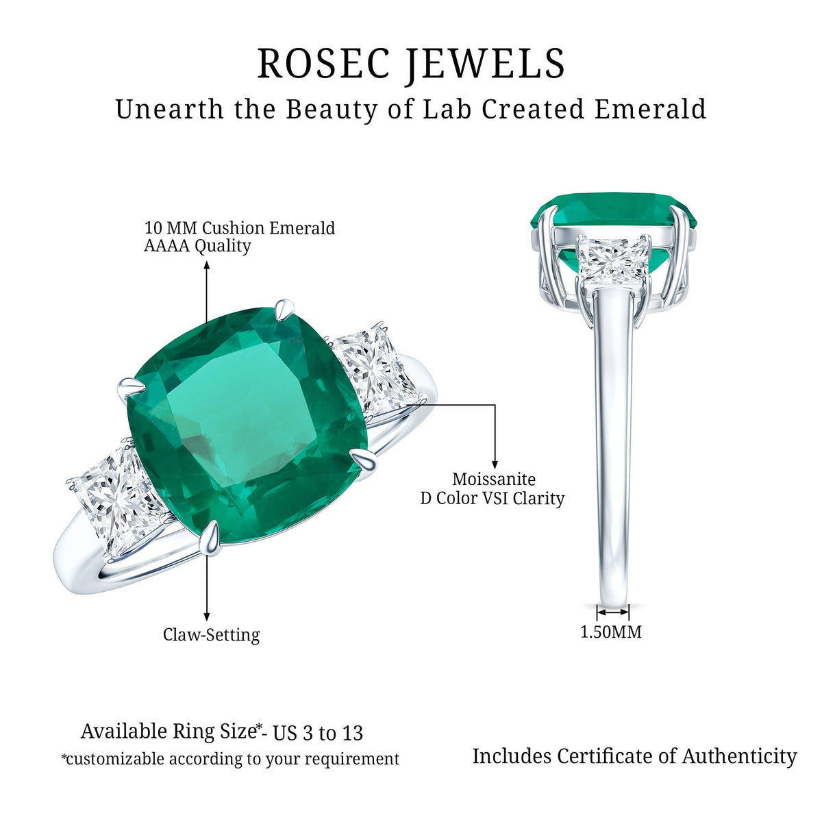 Lab Grown Emerald Ring – Cushion Cut Emerald Engagement Band with Moissanite Accent Stones