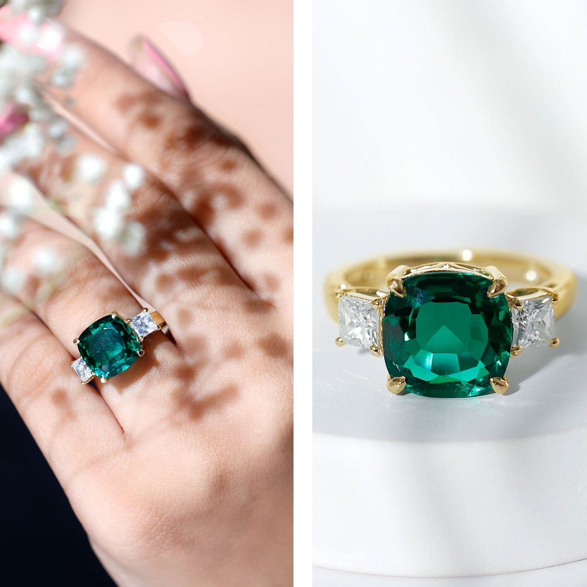 Lab Grown Emerald Ring – Cushion Cut Emerald Engagement Band with Moissanite Accent Stones