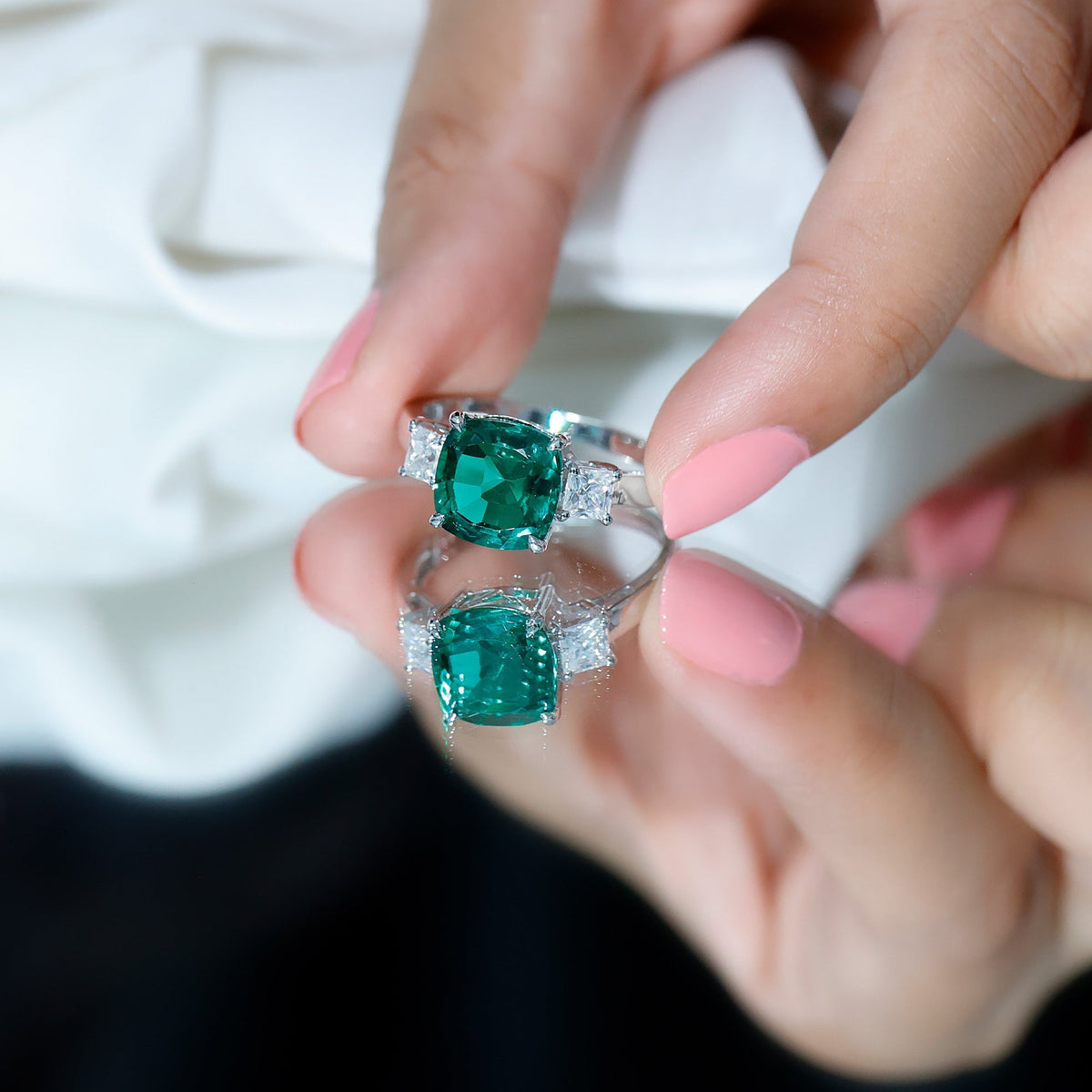 Lab Grown Emerald Ring – Cushion Cut Emerald Engagement Band with Moissanite Accent Stones