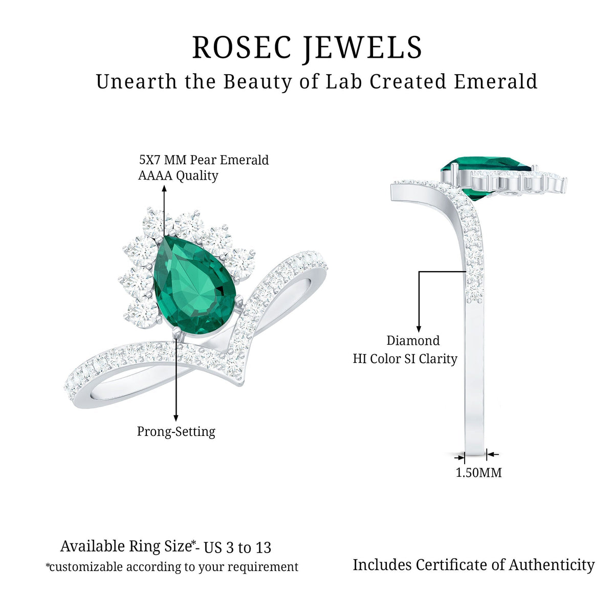 Lab Grown Emerald Ring - Designer Engagement Ring with Diamond Halo & Chevron Shank