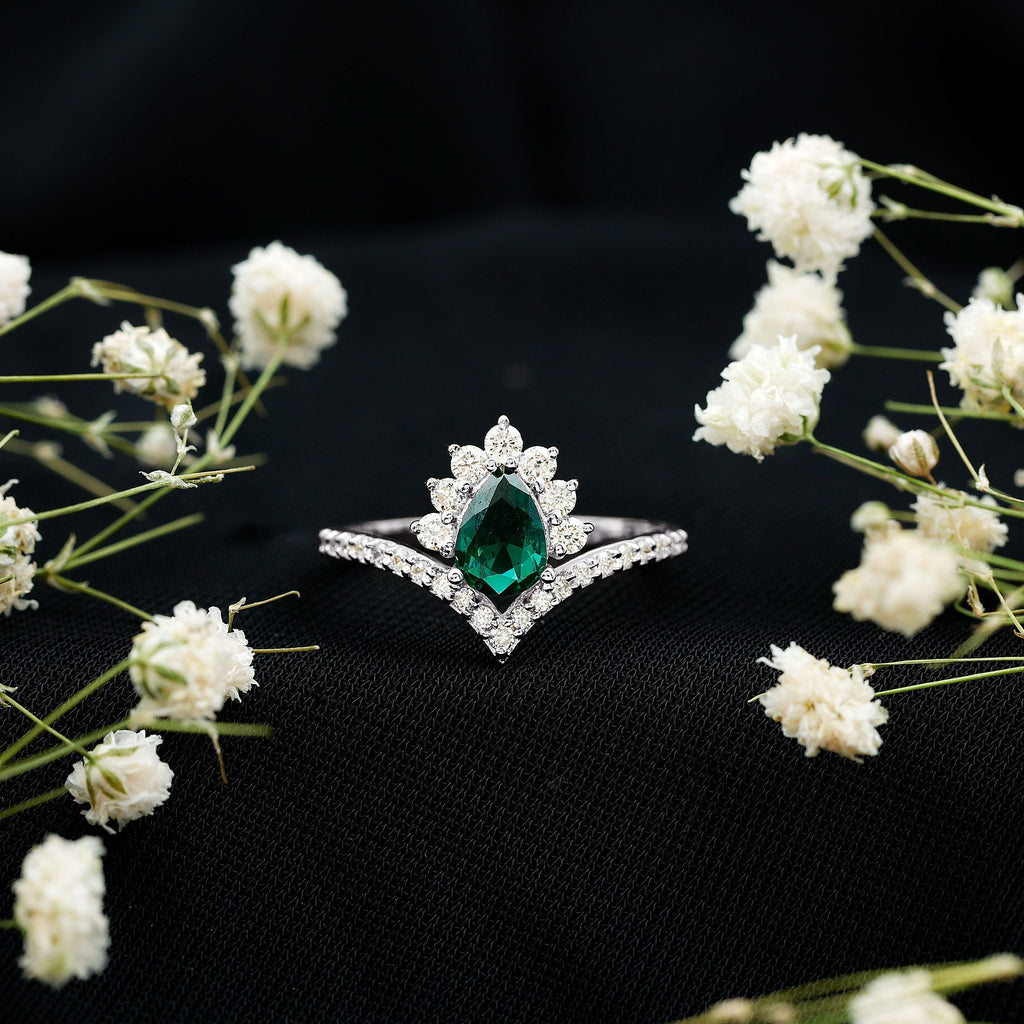 Lab Grown Emerald Ring - Designer Engagement Ring with Diamond Halo & Chevron Shank