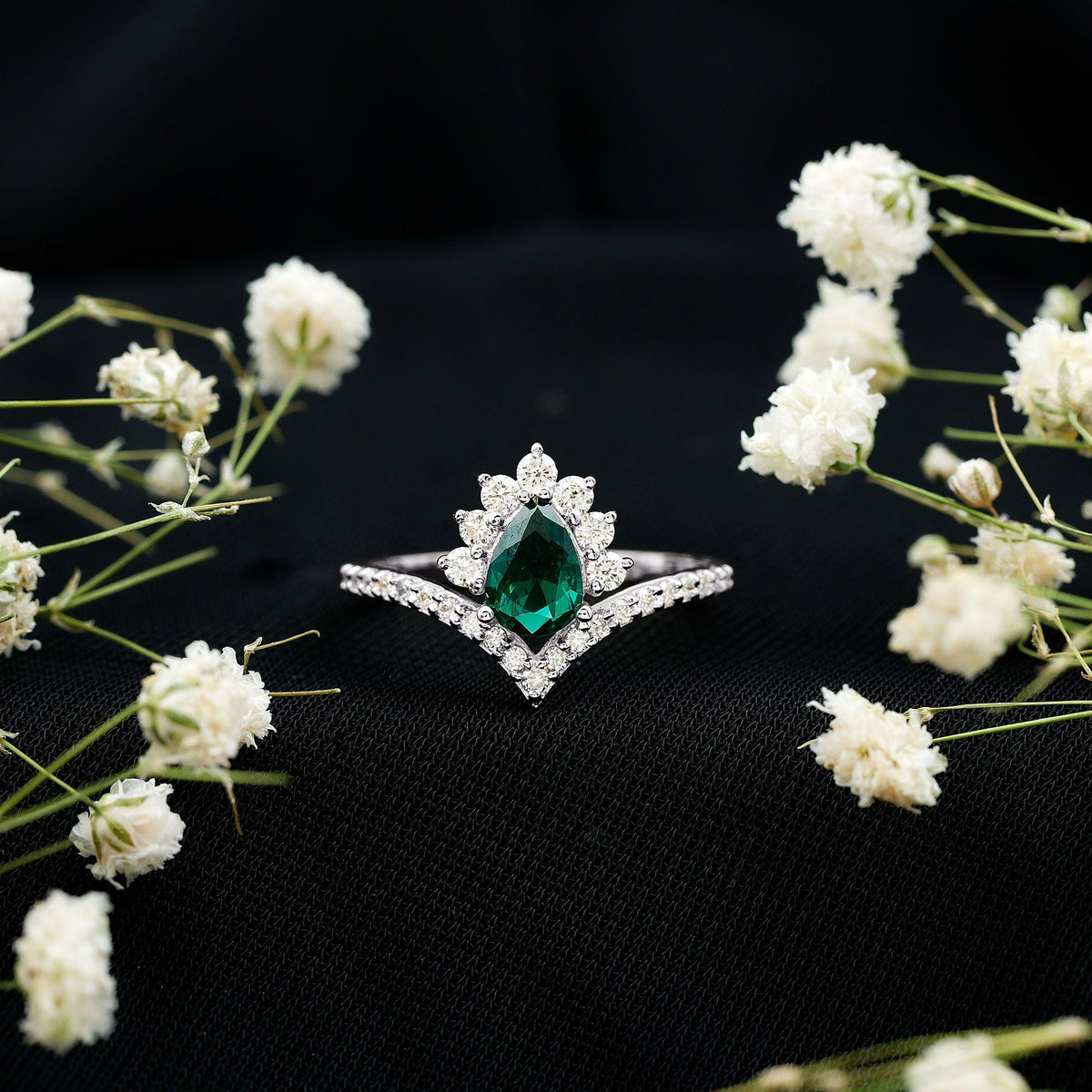Lab Grown Emerald Ring - Designer Engagement Ring with Diamond Halo & Chevron Shank