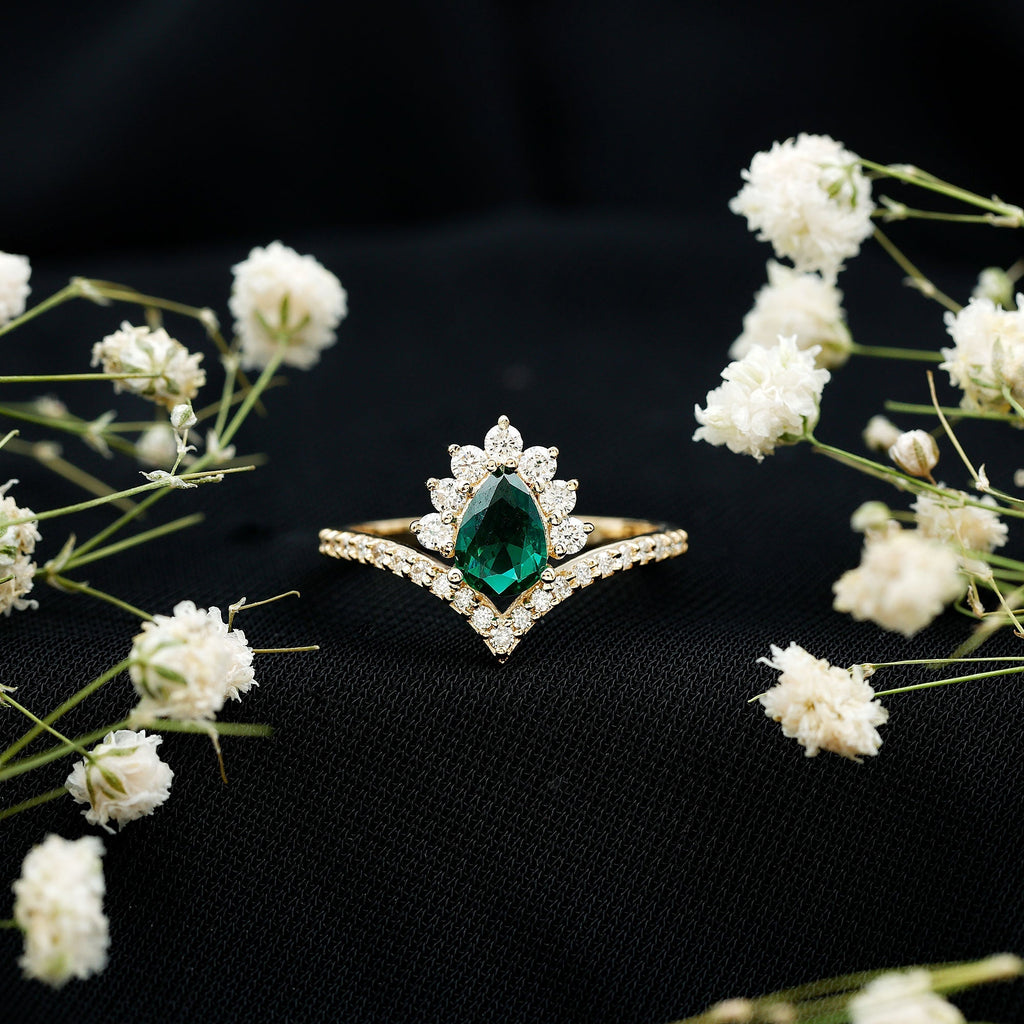 Lab Grown Emerald Ring - Designer Engagement Ring with Diamond Halo & Chevron Shank