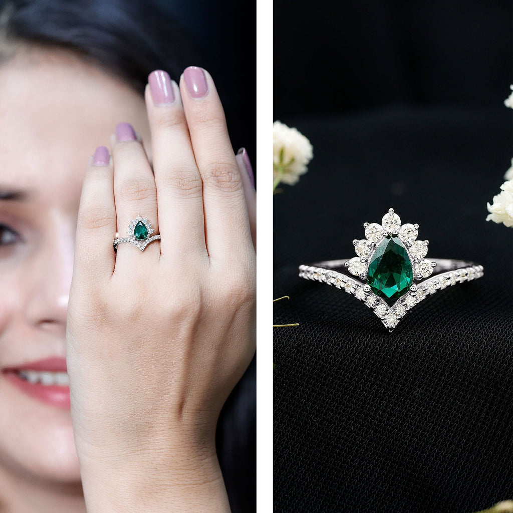 Lab Grown Emerald Ring - Designer Engagement Ring with Diamond Halo & Chevron Shank