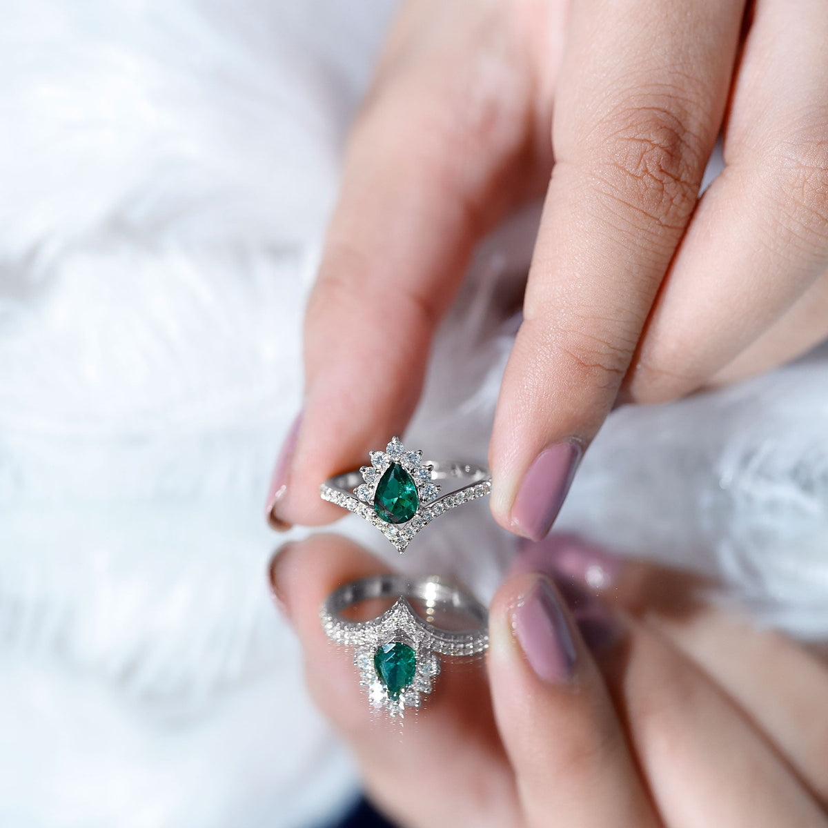 Lab Grown Emerald Ring - Designer Engagement Ring with Diamond Halo & Chevron Shank