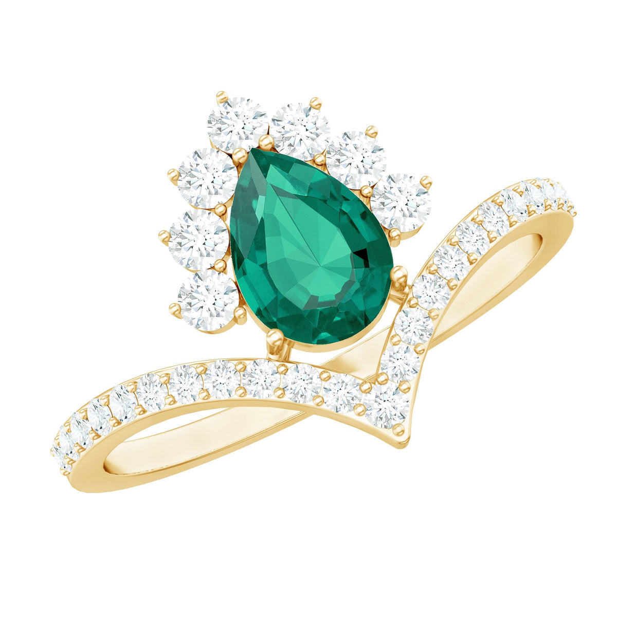 Lab Grown Emerald Ring - Designer Engagement Ring with Diamond Halo & Chevron Shank