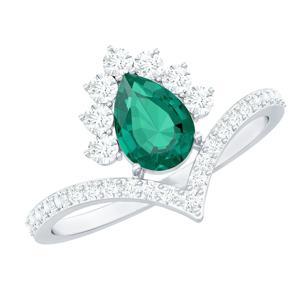Lab Grown Emerald Ring - Designer Engagement Ring with Diamond Halo & Chevron Shank