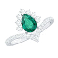 Lab Grown Emerald Ring - Designer Engagement Ring with Diamond Halo & Chevron Shank