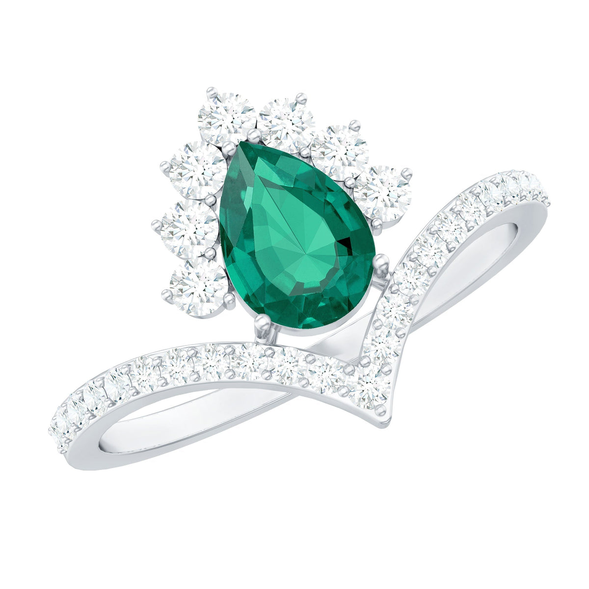 Lab Grown Emerald Ring - Designer Engagement Ring with Diamond Halo & Chevron Shank
