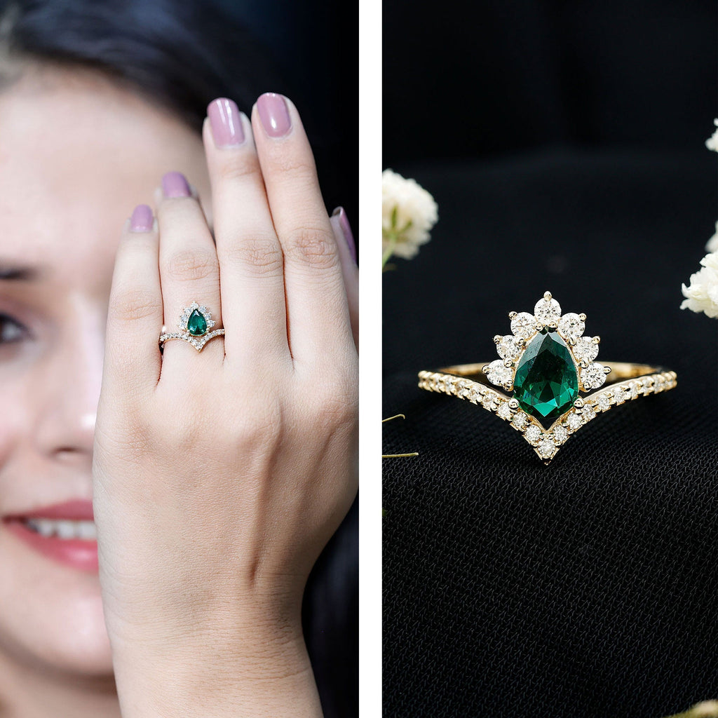 Lab Grown Emerald Ring - Designer Engagement Ring with Diamond Halo & Chevron Shank