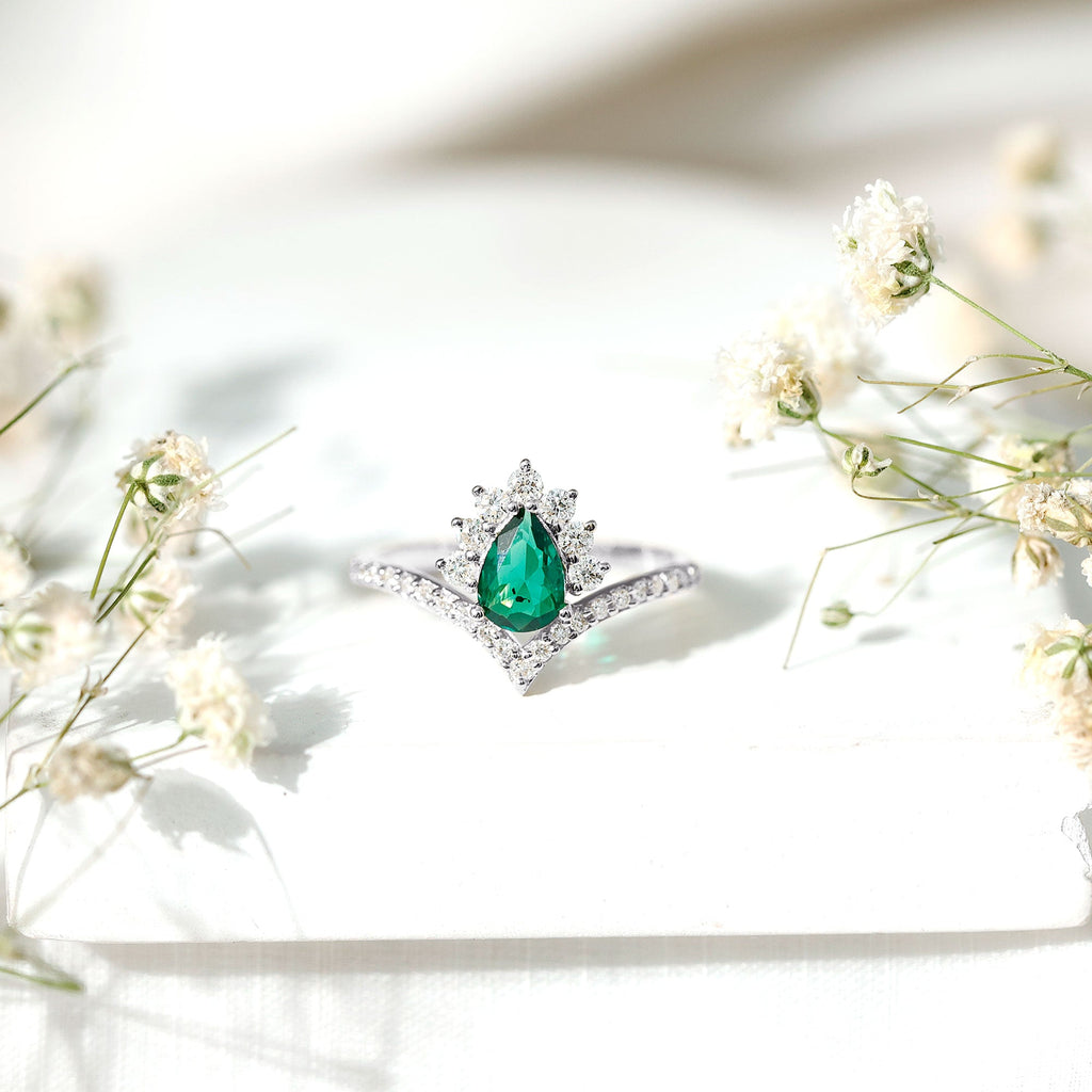 Lab Grown Emerald Ring - Designer Engagement Ring with Diamond Halo & Chevron Shank
