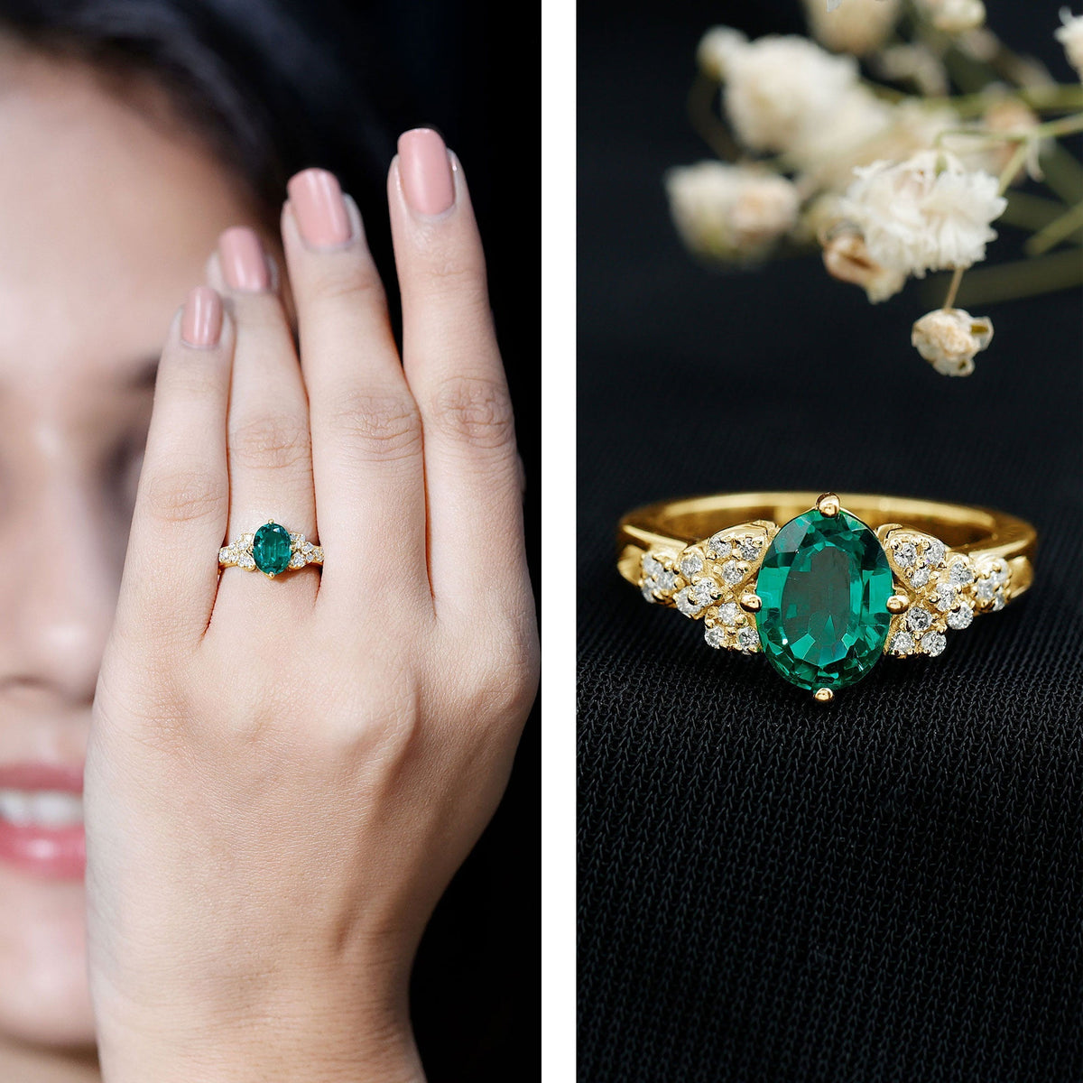 Lab Grown Emerald Ring – Designer Engagement Ring With Oval AAA Quality Emerald