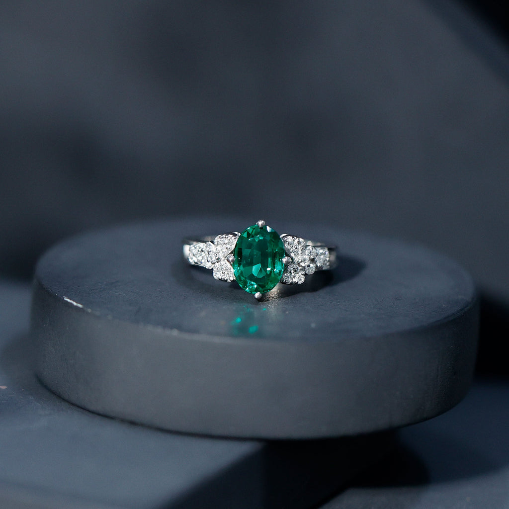 Lab Grown Emerald Ring – Designer Engagement Ring With Oval AAA Quality Emerald