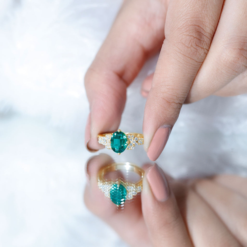 Lab Grown Emerald Ring – Designer Engagement Ring With Oval AAA Quality Emerald