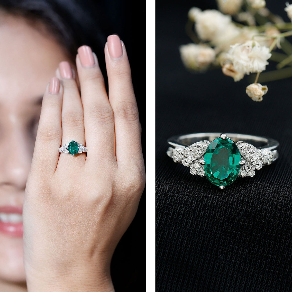 Lab Grown Emerald Ring – Designer Engagement Ring With Oval AAA Quality Emerald