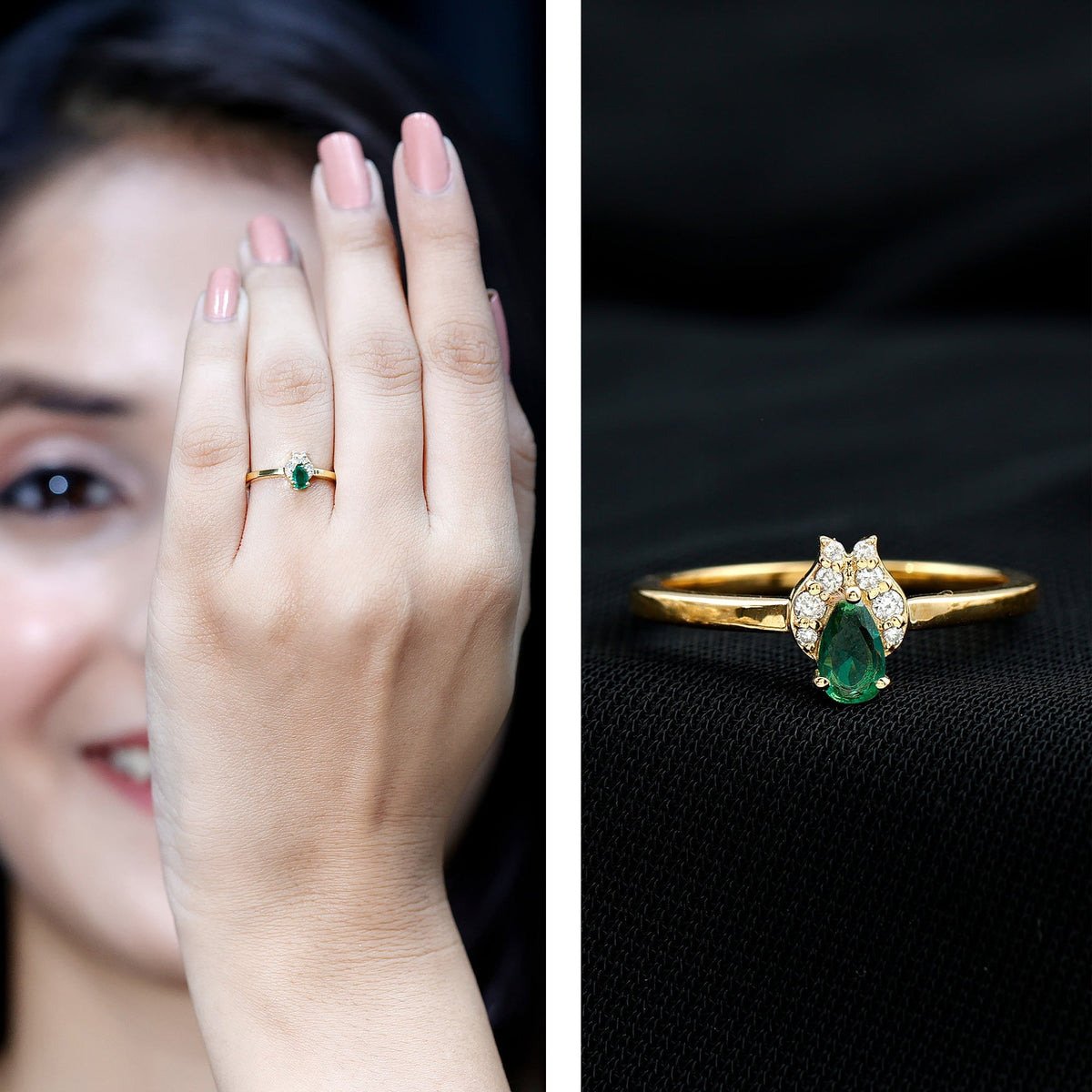 Lab Grown Emerald Ring – Diamond Promise Ring in 14K Gold Plated Silver Band