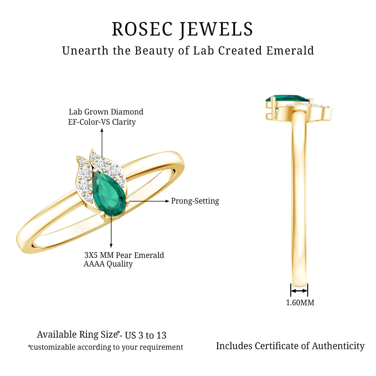 Lab Grown Emerald Ring – Diamond Promise Ring in 14K Gold Plated Silver Band