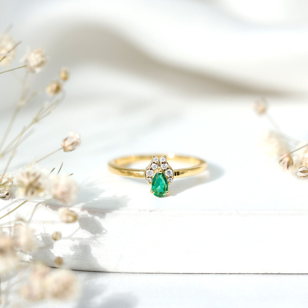 Lab Grown Emerald Ring – Diamond Promise Ring in 14K Gold Plated Silver Band