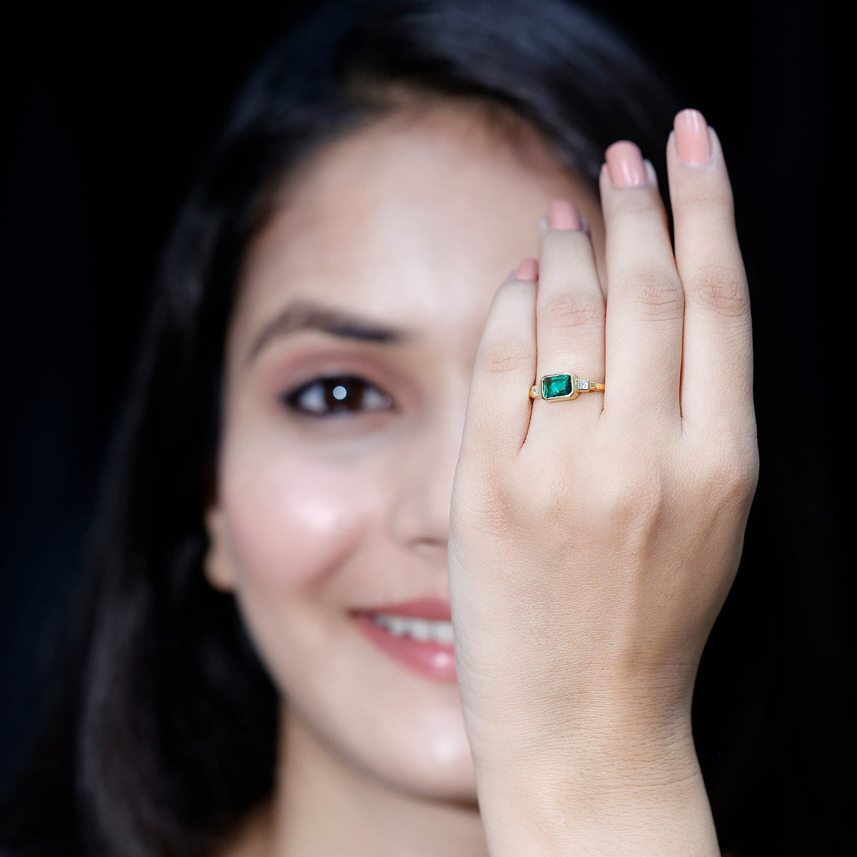 Lab Grown Emerald Ring - East West Emerald Cut Three Stone Bezel Set in 14K Gold