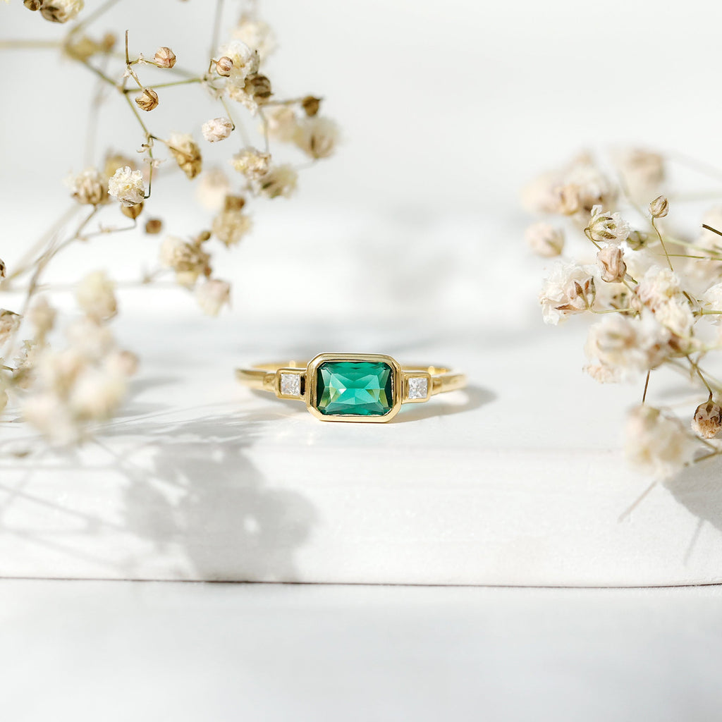 Lab Grown Emerald Ring - East West Emerald Cut Three Stone Bezel Set in 14K Gold