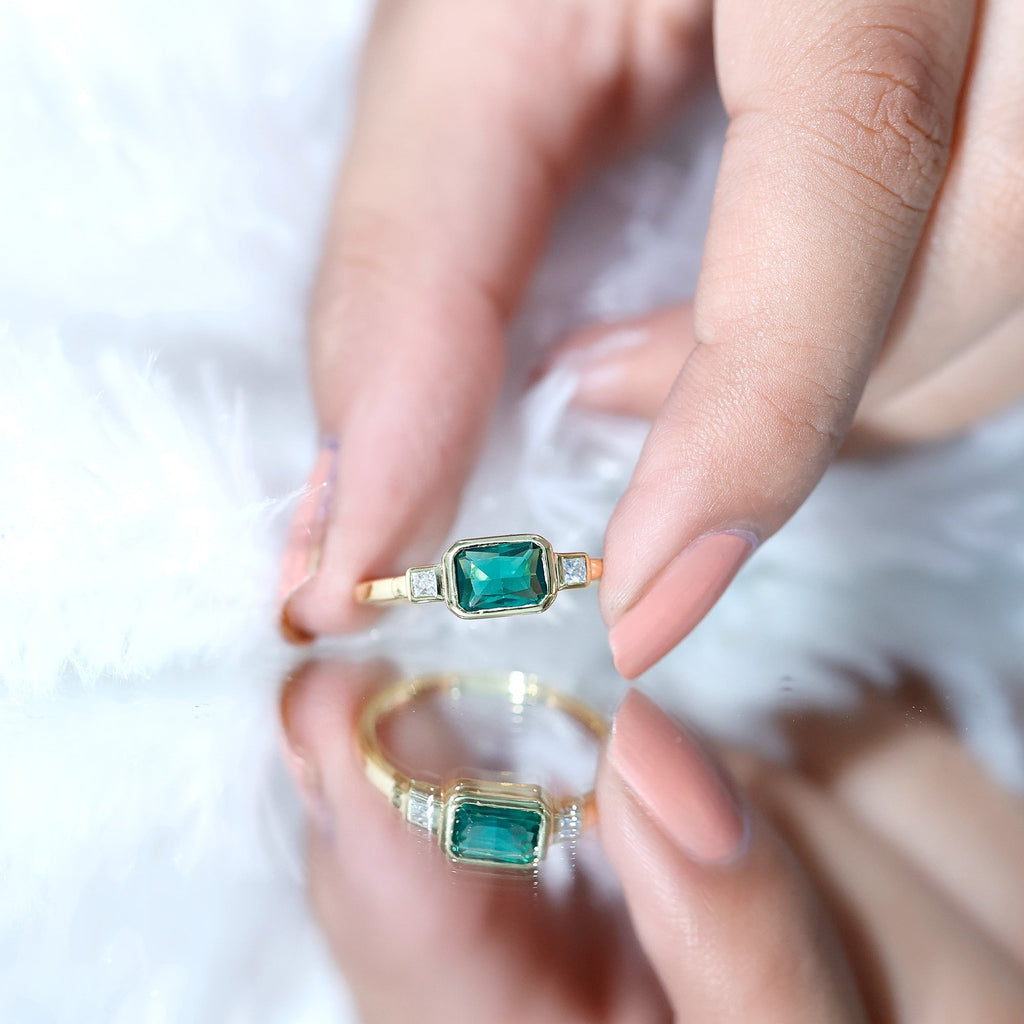 Lab Grown Emerald Ring - East West Emerald Cut Three Stone Bezel Set in 14K Gold