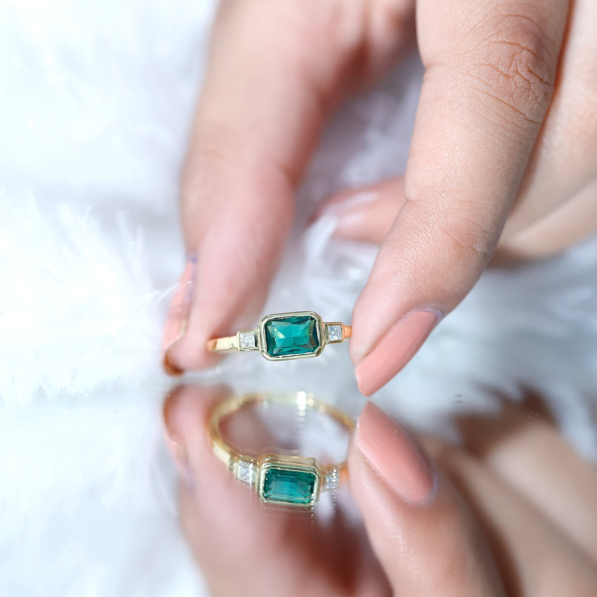 Lab Grown Emerald Ring - East West Emerald Cut Three Stone Bezel Set in 14K Gold