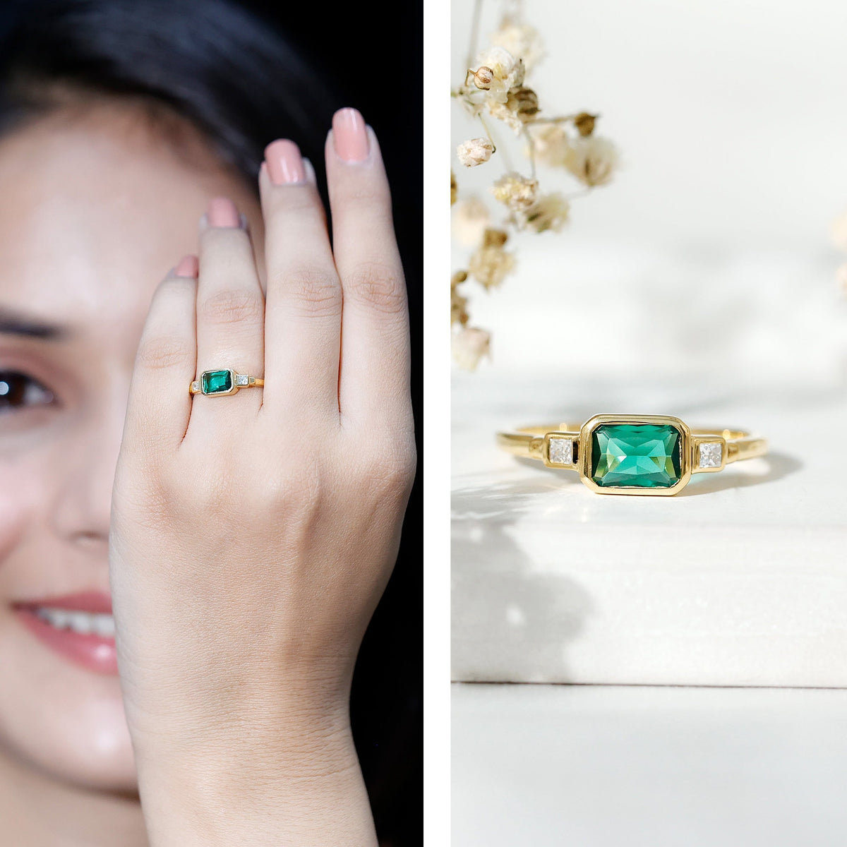 Lab Grown Emerald Ring - East West Emerald Cut Three Stone Bezel Set in 14K Gold