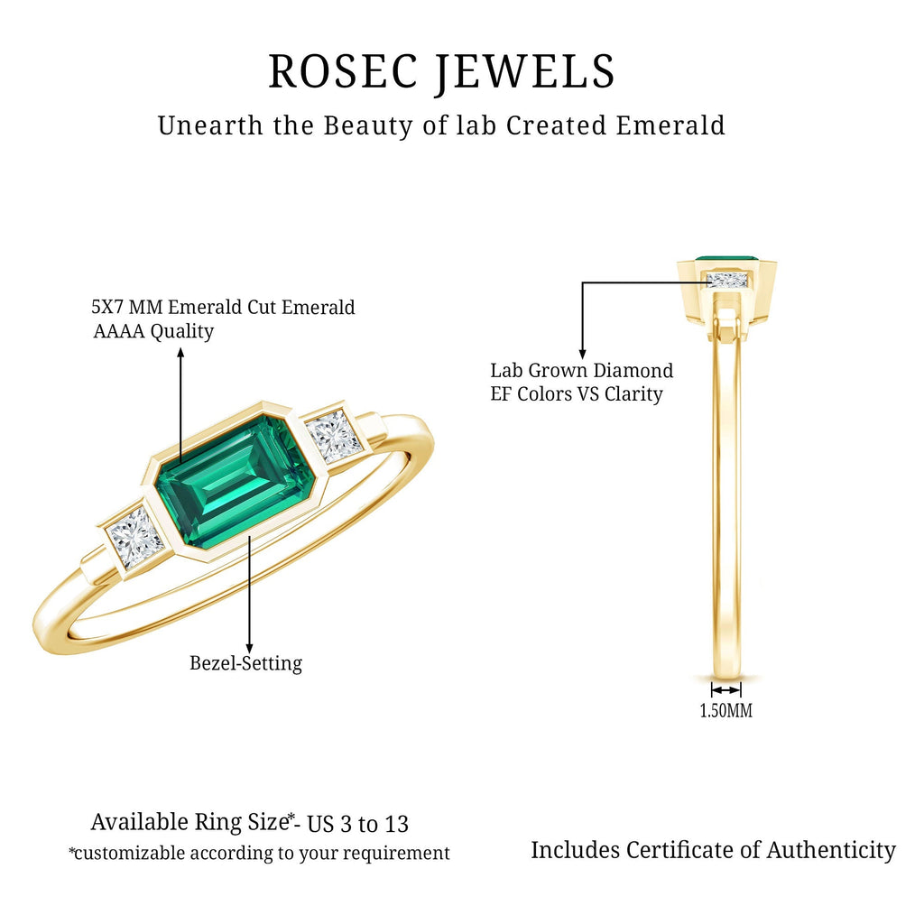 Lab Grown Emerald Ring - East West Emerald Cut Three Stone Bezel Set in 14K Gold